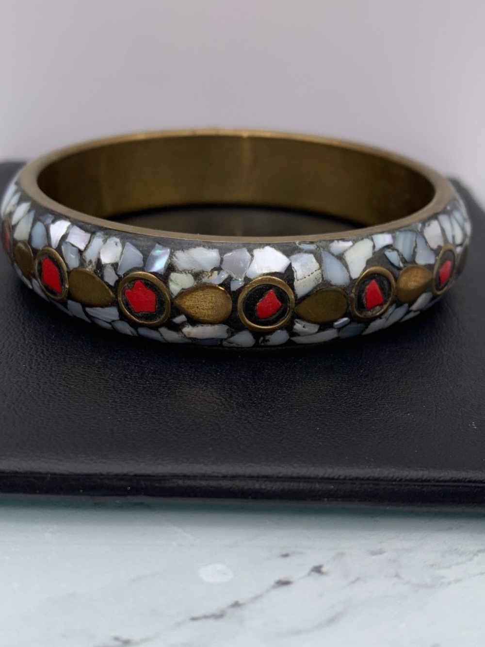 Vintage Tibetan Handcrafted Red and White shell Mosaic Brass Bangle